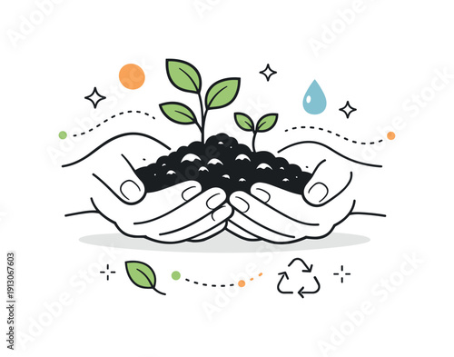 Organic soil care. Hands gently holding rich soil with small plants growing, showing care and sustainability. Abstract dots and lines
