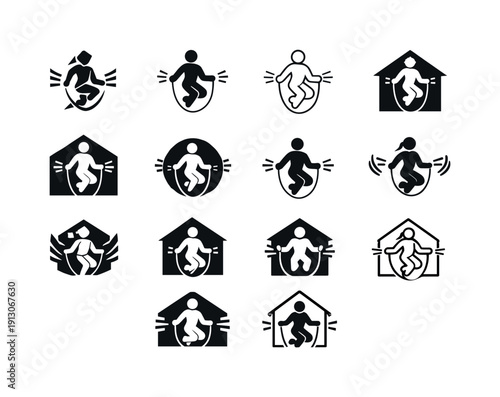   Home workout routine. Icon set. Set Logo of Home workout routine: cardio jump and movement lines. harmonious logo variations of the same