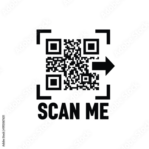Vector illustration icon black qr code with scan me text and arrow