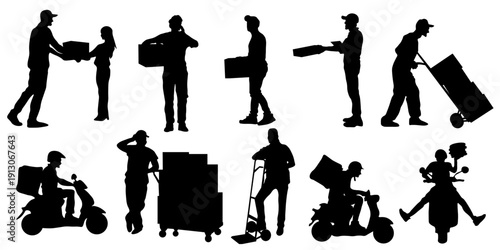 Delivery Workers Silhouettes Vector Set. Collection of delivery worker silhouettes in different poses including carrying boxes, pushing cart, scooter courier, moving service and parcel handling. 