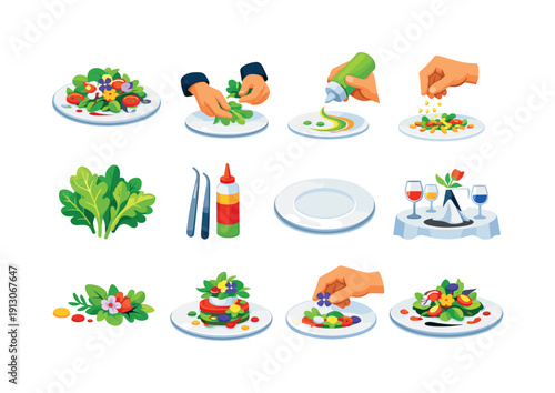 Artistic Salad Icons. Restaurant Salad Art. Colorful flat vector icons set of Restaurant Salad Art: artistic