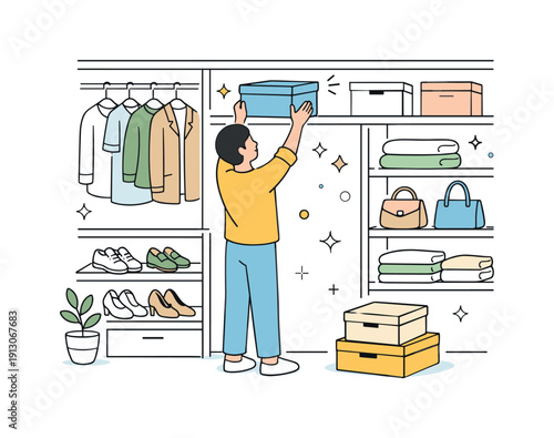 Organizing a new walk-in closet. A person arranging clothes, shoes, and boxes neatly on shelves after installation. The atmosphere feels