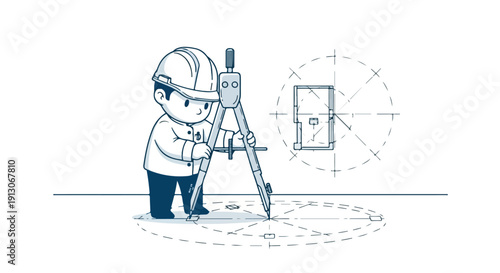Adorable cartoon architect or engineer character drawing a blueprint with a large compass, symbolizing design, planning, construction, and technical education.
