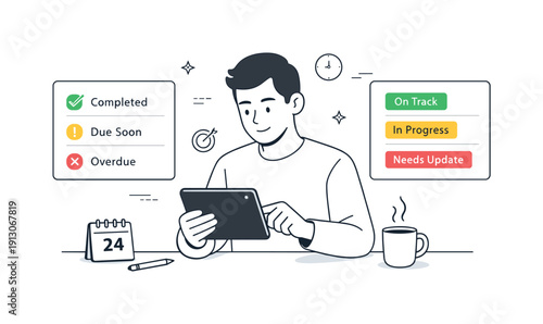   Work accountability tracking systems. Individual reviewing deadlines and status labels on a tablet, focused and composed posture. Personal