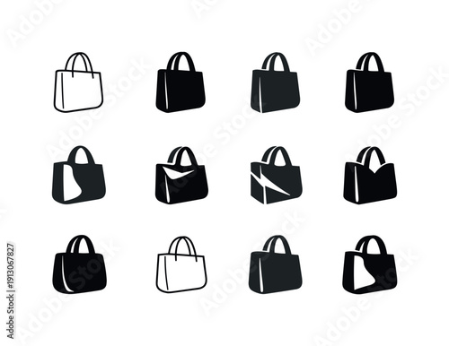 Cloth Bag. Icon set. Set Logo of Cloth Bag: canvas tote bag side view. harmonious logo variations of the same emblematic concept, each with