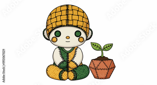 Cute patchwork embroidery illustration of a little monk or child character sitting cross-legged next to a small potted plant, symbolizing growth, nature, and new beginnings.
