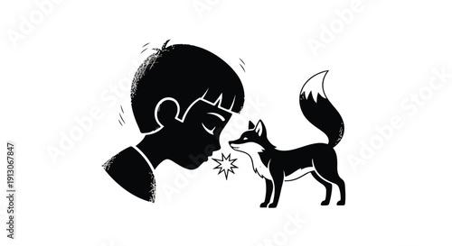 Child's curious encounter with a fox in a stylized silhouette illustration, highlighting a moment of innocent interaction and connection with wildlife.