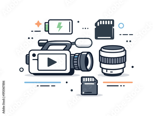   Videography equipment icons. An abstract icon set composition combining camera, lens, battery, and memory card symbols in a balanced layout.
