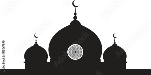 Mosque silhouette with crescent moon and arabic calligraphy