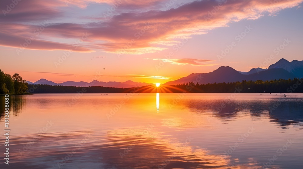Obraz premium A wide panoramic view of a serene lake at sunrise, golden sunlight spreading across calm water, soft mist rising, pastel sky reflections, ultra-realistic, cinematic atmosphere
