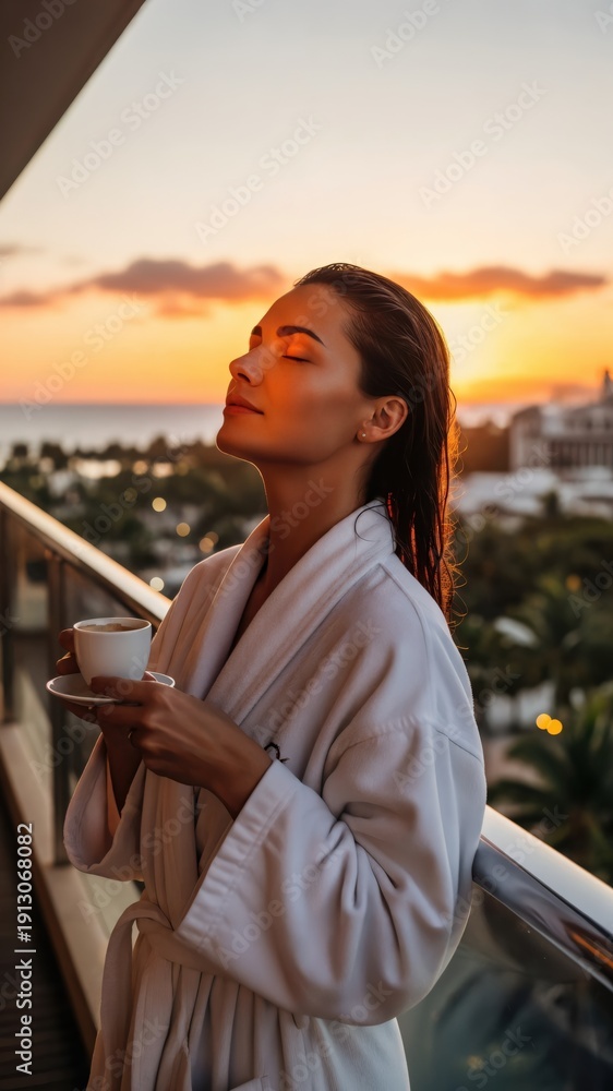 Fototapeta premium Young Caucasian woman in white bathrobe enjoying slow living morning routine with coffee on balcony