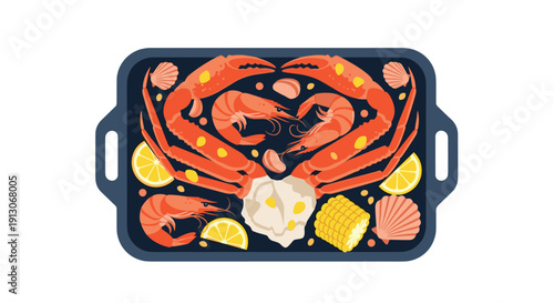A festive seafood boil platter featuring crab legs shrimp corn mussels lemon slices and aromatic garlic cloves, Generative AI.