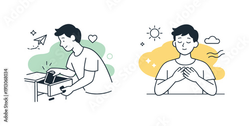 Digital detox scenes. A person placing a smartphone into a drawer and taking a calm breath, choosing to disconnect. The scene conveys
