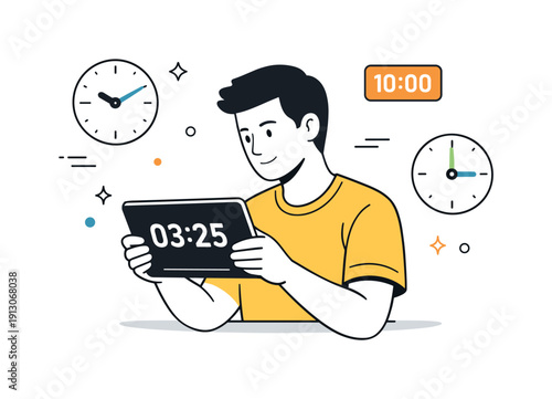 Time tracking concept. A person calmly watching a countdown timer on a tablet while simple clock icons float nearby. The mood highlights