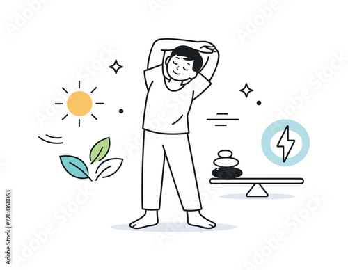 Health improvement moment. A calm character stretching lightly, with abstract symbols of energy and balance nearby. The mood feels