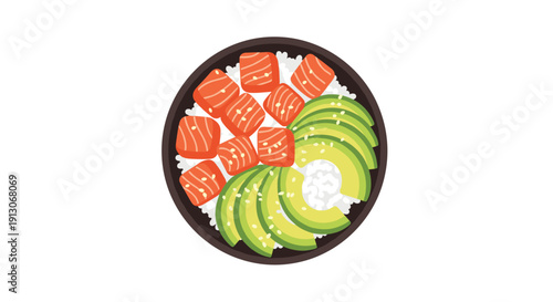A top-down view of a poke bowl filled with fresh salmon cubes sliced avocado and white rice sprinkled with sesame seeds, Generative AI.