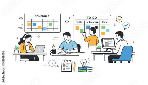Focus-friendly office. People working independently in an open yet quiet workspace, using visual schedules and simple task boards. Calm