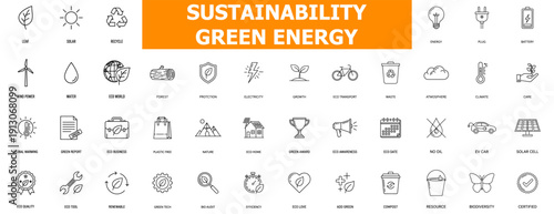 Sustainability Green Energy Icons Set Eco Friendly Renewable Resources Symbols Collection