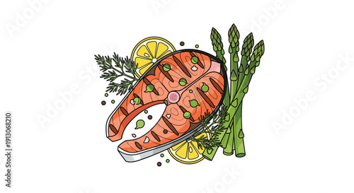 A grilled salmon steak is presented with fresh lemon slices green asparagus spears and herbs on a white background, Generative AI.