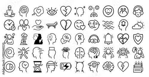 Mental Health and Psychology Line Icon Collection. Containing Brain, Stress, Emotion, Therapy and more icons. Editable Stroke Outline Vector Set.