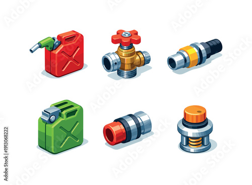 Fuel connection. Isometric flat vector icons set of Fuel connection: gas canister attachment, threaded valve interface, fuel hose connector,