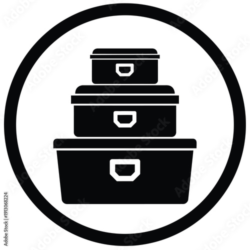 Vector illustration icon three black storage containers stacked inside a circular frame