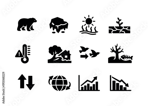   Climate change wildlife impact. Filled icon set of Climate change wildlife impact: polar
