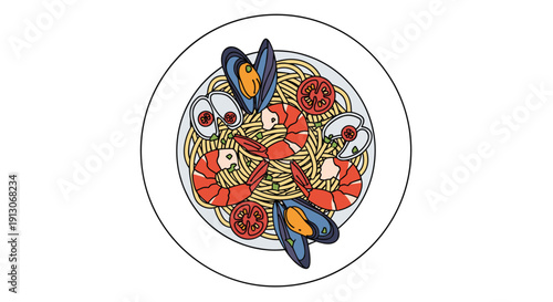 A plate of spaghetti with shrimp mussels and clams is served garnished with cherry tomatoes and fresh herbs, Generative AI.