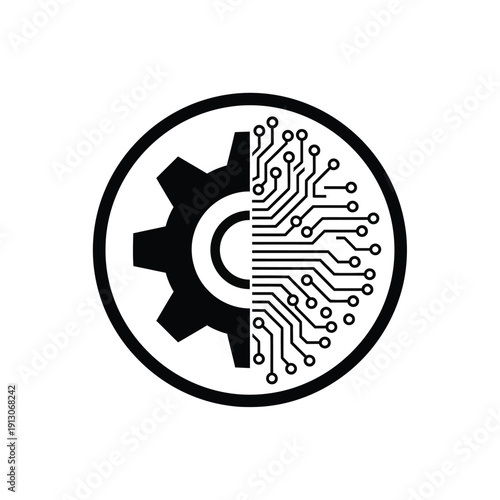 Vector illustration icon black and white icon of a gear and circuit board combined in a circular frame