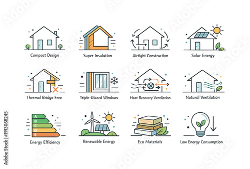   Eco architecture icon pack. Passive house design icons showing compact house shapes, insulation layers, and energy efficiency symbols,