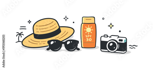 Summer travel essentials. A straw hat slightly overlapping sunglasses, with sunscreen and a camera placed nearby. The scene conveys warmth,