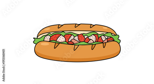 Cartoon lobster roll with chunks of cooked lobster meat and green lettuce served in a toasted hot dog bun, Generative AI.