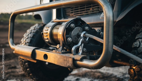 Winch on off-road vehicle prepared for outdoor adventure in rugged terrain during daytime hours