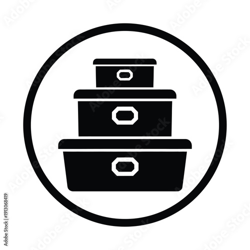 Vector illustration icon black plastic storage containers stacked inside a circular frame