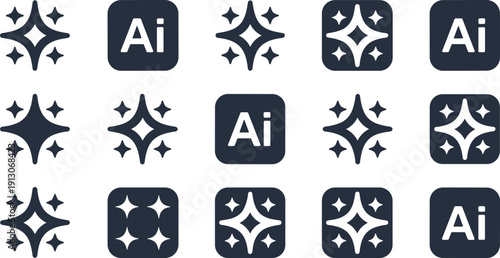Artificial Intelligence AI Enhancement Icon Set with Sparkle Magic Stars and Smart Technology App Badges Isolated