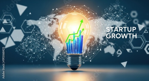 Wallpaper Mural A light bulb with a green upward arrow and a graph inside, set against a world map background with a blue and white gradient. Torontodigital.ca