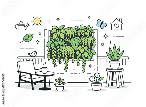 Vertical garden on an apartment wall. A compact green wall with cascading plants transforms a plain balcony into a cozy natural corner. Calm