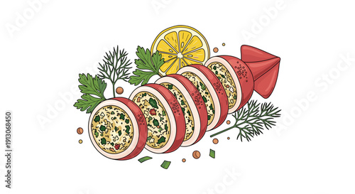 Sliced stuffed squid filled with savory rice and herbs is served with a lemon wedge dill and peppercorns, Generative AI.