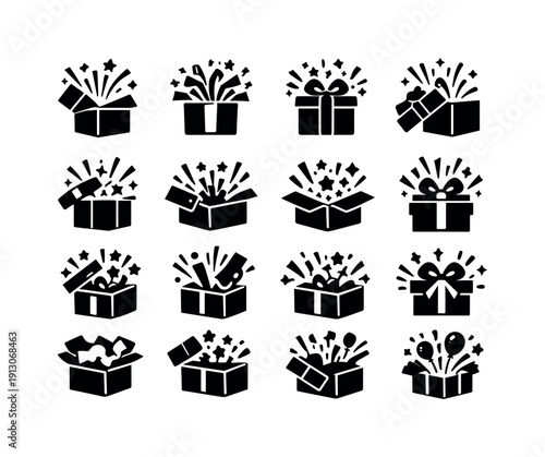 Surprise gift. Solid icon set of Surprise gift: opening gift box, popping ribbon, surprise present, gift box lid open, reveal box, excitement