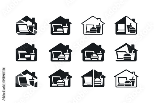 Lunch Break Icons. Having lunch during work hours at home. Icon set. Set Logo of Having lunch during work hours at home: takeaway food on work table.