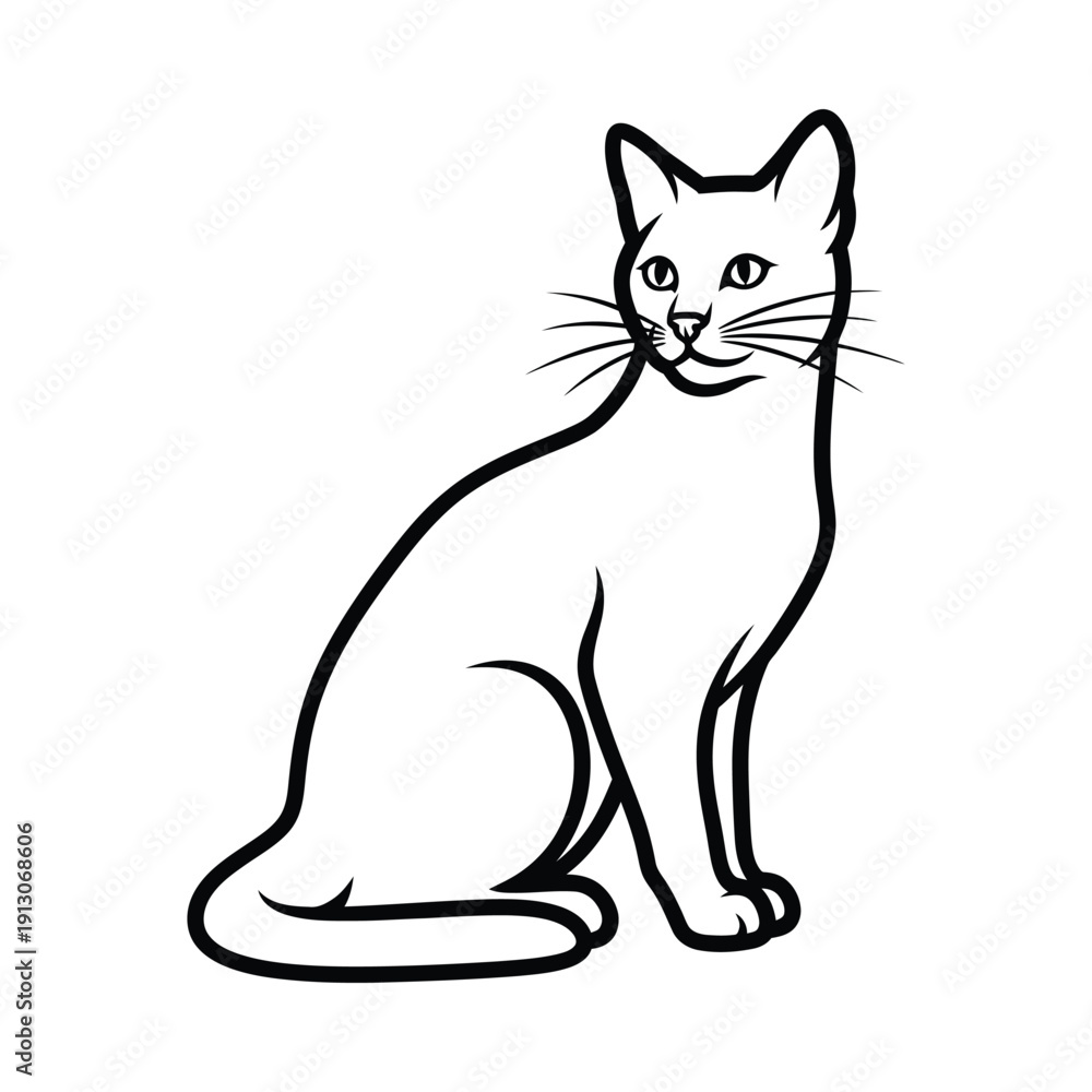 Obraz premium Detailed line art illustration of a sitting cat with whiskers on white background for coloring book or graphic design use