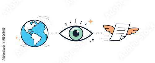 Press freedom abstract illustration. A clean symbolic composition with a globe, open eye, and flying paper icon arranged with clear spacing