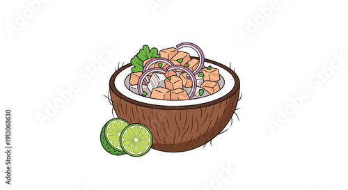Refreshing seafood ceviche with cubed fish salmon red onion served inside a natural coconut and two limes, Generative AI.