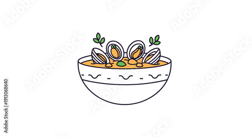 Cartoon bowl of clam chowder with multiple clams and fresh green parsley garnish served in a white ceramic bowl, Generative AI.