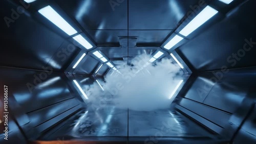 A futuristic sci-fi corridor with glowing lights and mysterious atmospheric fog.