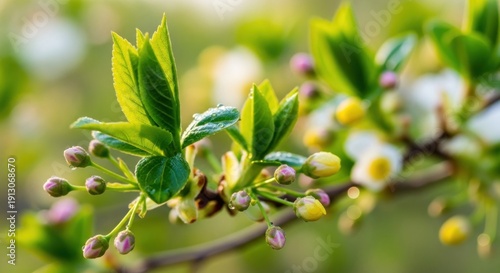 Wallpaper Mural Cherry blossoms on a branch with green leaves and pink buds. Torontodigital.ca