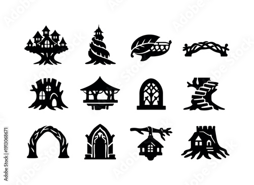    Elven Architecture. Solid icon set of Elven Architecture: tree city, spiral tree tower, leaf balcony, vine bridge, carved trunk house, canopy