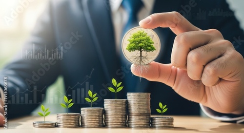 Wallpaper Mural A man holding a coin with a tree on it, symbolizing growth and sustainability. Torontodigital.ca