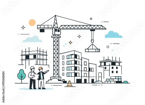 A construction crane over a developing city district, representing growth and change. A calm editorial scene with a tall crane rising above