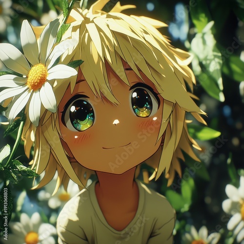 A cheerful child gazes at the viewer, surrounded by bright daisies under warm sunlight